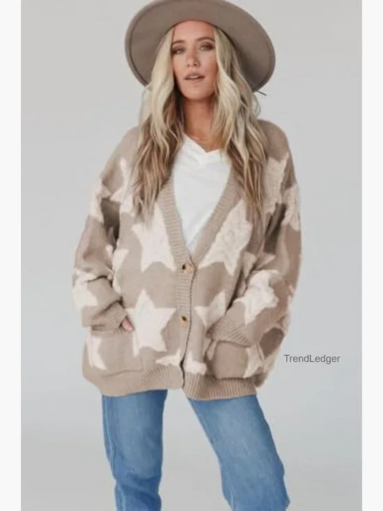 Sherpa Cardigan Sweater with Star Pattern and Pockets, Oversized Fit - Picture 5 of 7